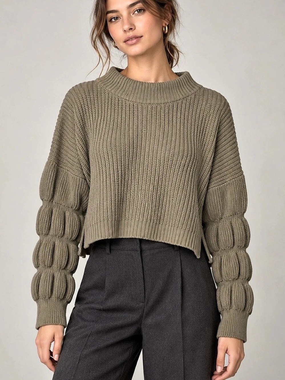 MIOU MUSE Cable Knit Balloon Sleeve Sweater in Green Size Small Like New